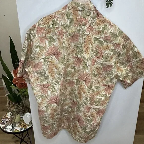 Vintage Pierre Cardin Hawaiian Shirt Button Up Orange Green Leaf Print Large - Picture 4 of 8
